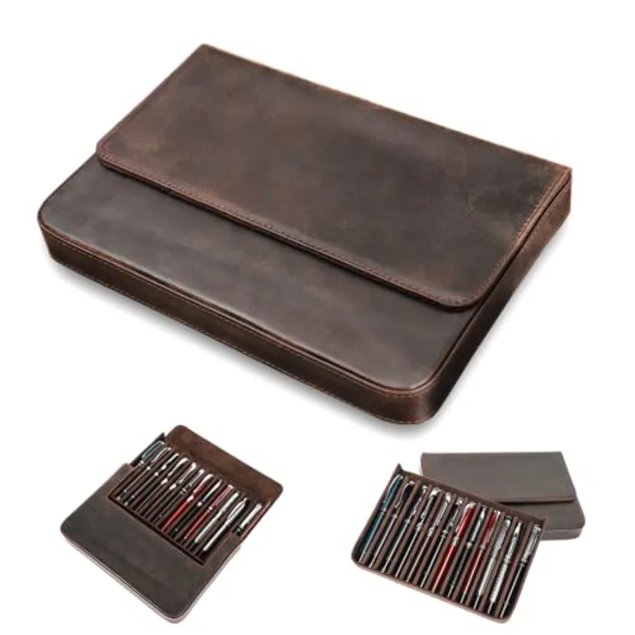 

12Slots Fountain Pen Collector Organizer - Handmade Pen Case Vintage Crazy Horse Print Leather Pen Protective Sleeve Cover Pen