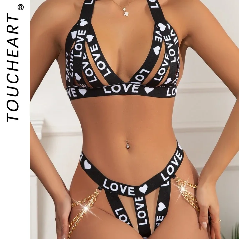 

Toucheart 2 Piece Set Letter Printed LOVE Webbing Metal Chain Heavy Three-Point Perspective Motorcycle Halter Neck Underwear Set