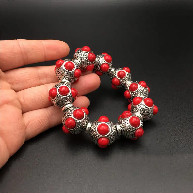 Old Chinese tibet silver inlay red jade handmade Bracelet