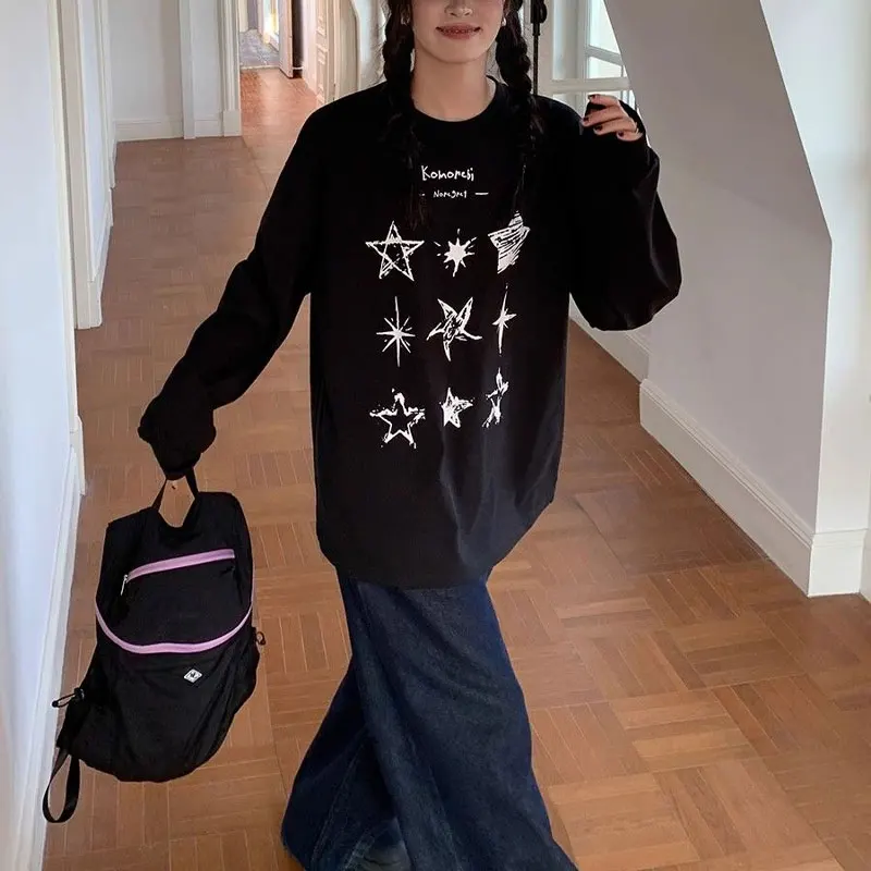 

Stylish Vintage Star Printed Pullovers Women's Clothing Long Sleeve Spring Autumn New Casual O-Neck Basic Letter Korean T-shirts