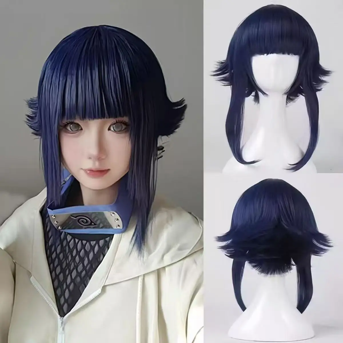 Hyuga Hinata Academy Student Cosplay Wig Navy Blue Short With Bangs Side Tails Cosplay Wig For Halloween Party Anime Cosplay
