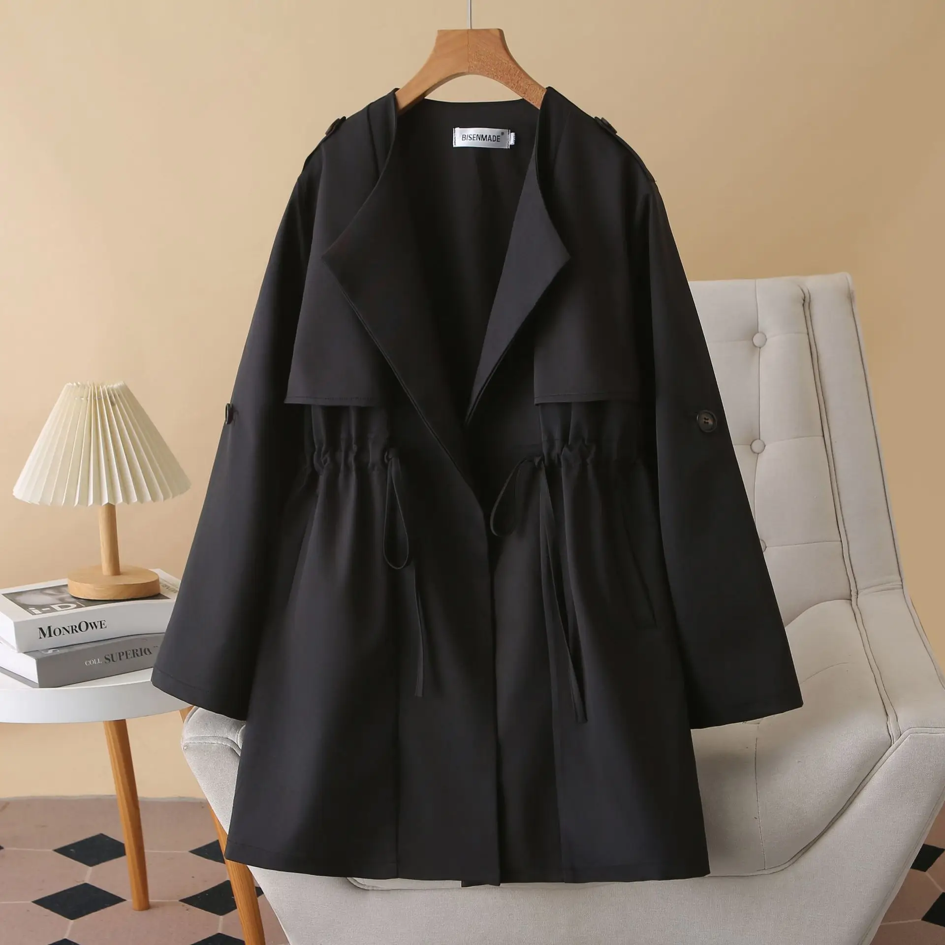Women's Plus Size Spring Trench Coat with Belt - alternate angle