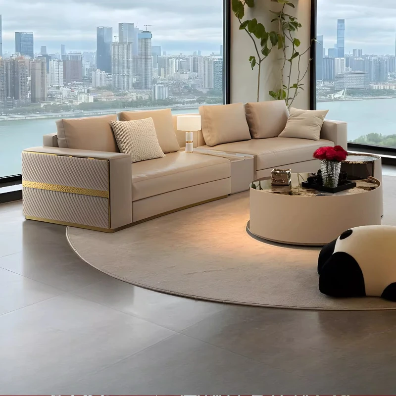 Italian light luxury leather sofa, curved top layer cowhide living room, simple modern villa