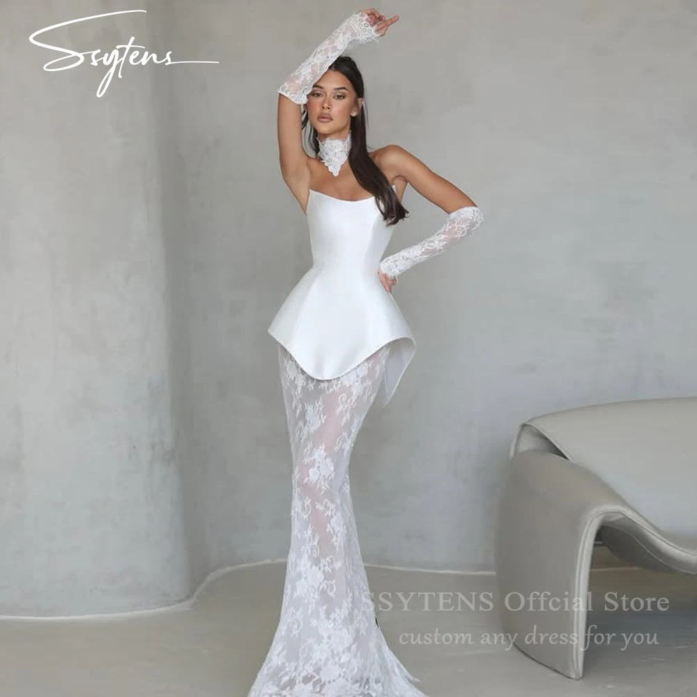 SSYTENS Modern White Wedding Dresses Lace Strapless Gloves Bridal Gowns Dubai Arabic Women Formal Dresses Vestidos Customized