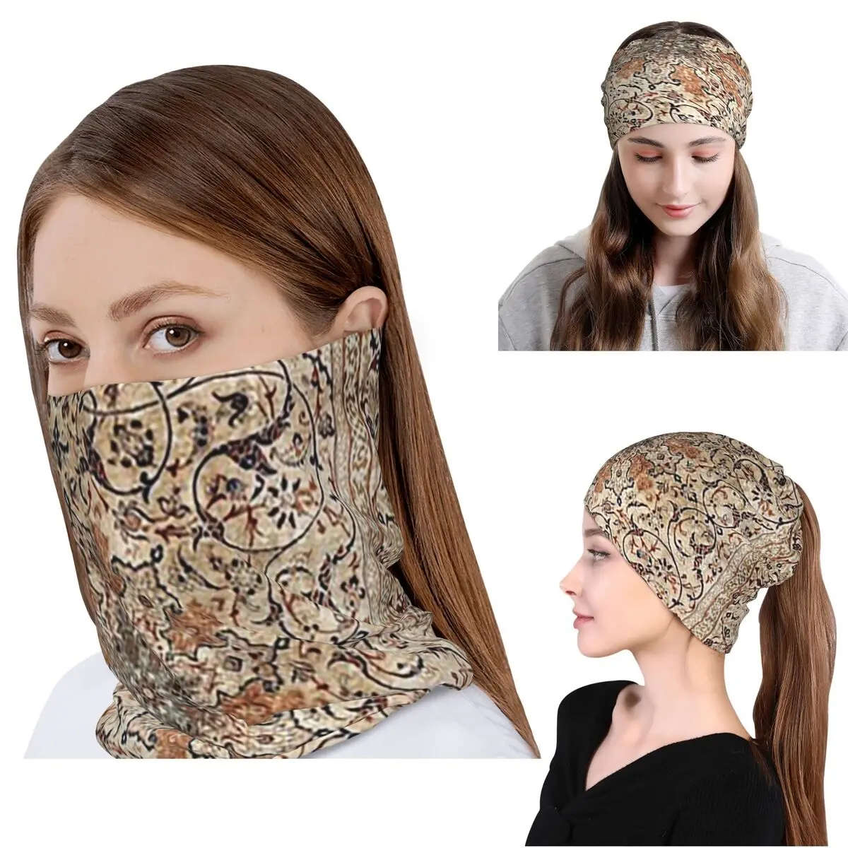 Silk Esfahan Persian Carpet Print Bandana Neck Cover Wrap Scarf Warm Headband Beanies Hat Unisex Adult Washable