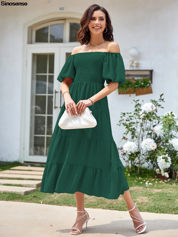 

Womens Summer Casual Boho Dress Square Neck Puff Short Sleeve Smocked Tiered Flowy A Line Summer Beach Cocktail Party Maxi Dress