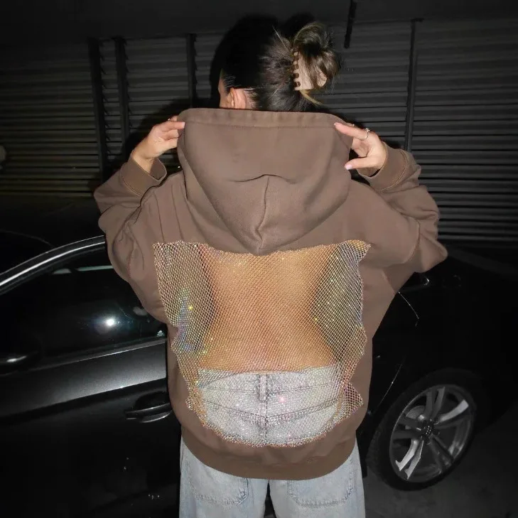 Frauen Sexy Open Back Hoodie Casual Langarm Tasche Mesh Öse Hohl Mesh Zurück Atmungsaktive Streetwear Sweatshirt