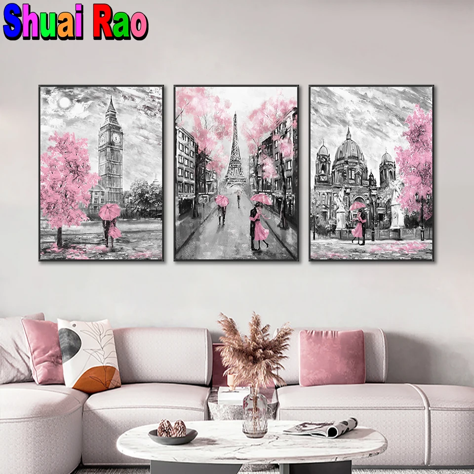 

Pink Trees Tower Lovers Pink Umbrella Street diamond painting full Square embroidery rhinestone of Picture Valentine's Day Gift,