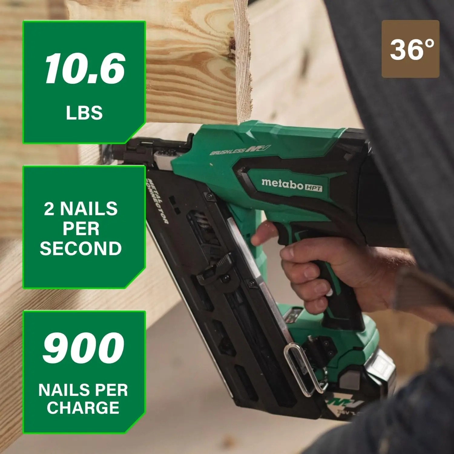 36V Cordless Metal Connector Nailer with 2.5Ah Li-ion Battery, Drives 1-1/2
