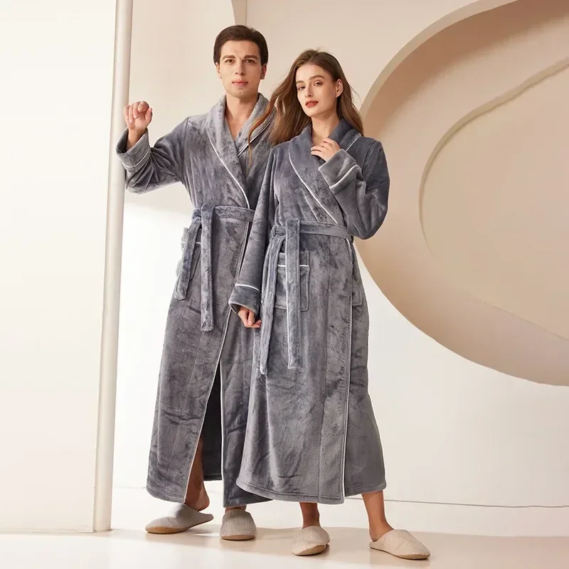 Extended Sleeping Robes for Men and Women Autumn/Winter 2024 Coral Velvet Men\'s Thickened Winter Couple Flannel Pajamas Bathrobe