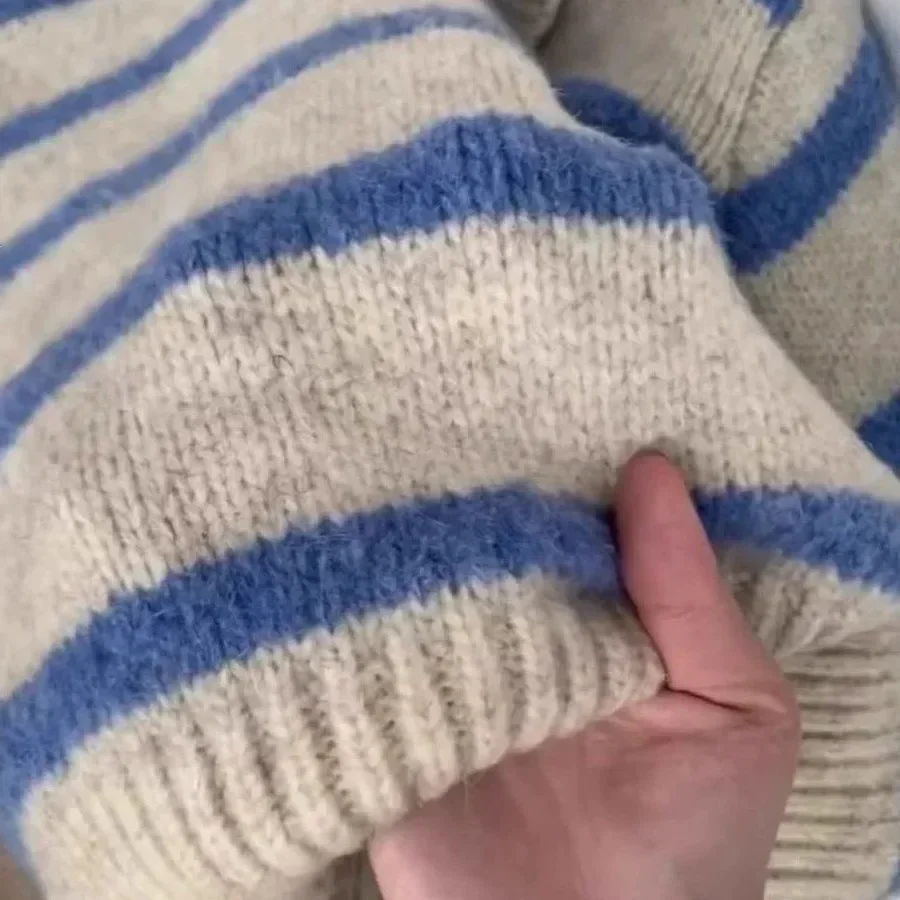 

Soft Long Sleeve Polo Neck Knitwear Blue Stripes Women's Autumn Winter Lazy Overhead Shirt Comfortable Sweater Female Fashion