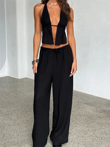 CHRONSTYLE, pantalones de verano para mujer, trajes a rayas/sólidos con cuello Halter, camisetas sin mangas con espalda descubierta, pantalones de pierna ancha, conjunto de 2 piezas, ropa de calle 2024