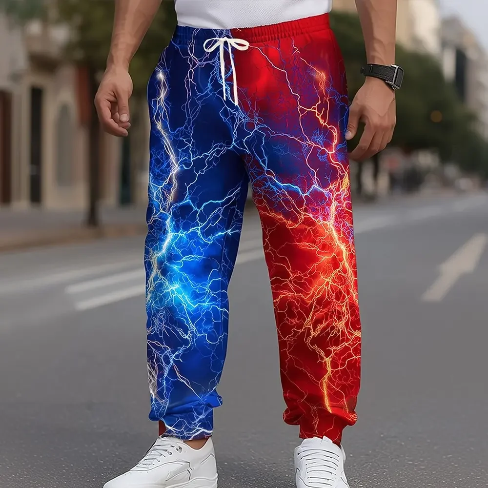 Men Jogger Pants Cool Flame Fire Print Drawstring Elastic Waist Streetwear Hip‑Hop Casual Sports Sweatpants With Pockets