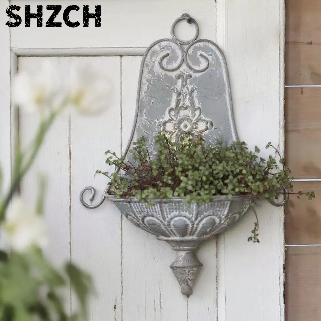 French Vintage Wall Mounted Planter, Distressed White Iron Hanging Basket, 37cm Height, Decorative Floral Design