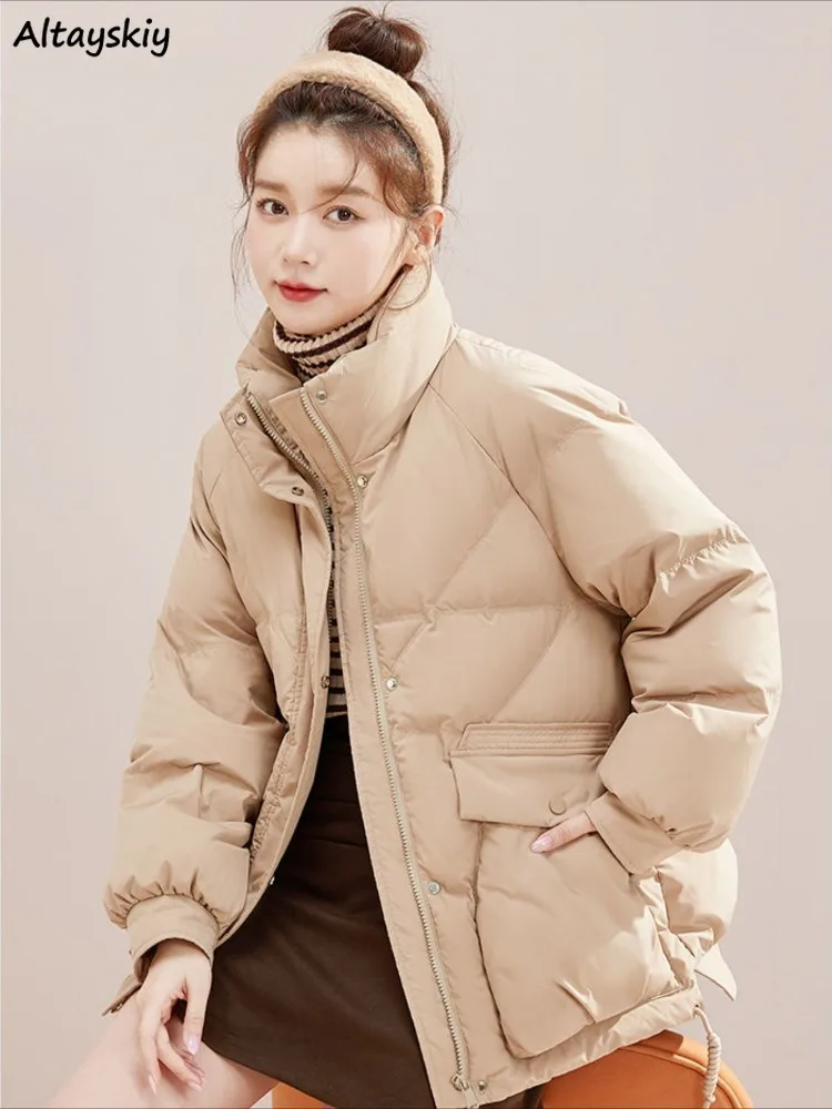 

Parkas Women Casual Loose Pockets Stand Collar Plus Velvet Winter Coats Tops Zippers Warm Daily Students Solid Fashion Simple