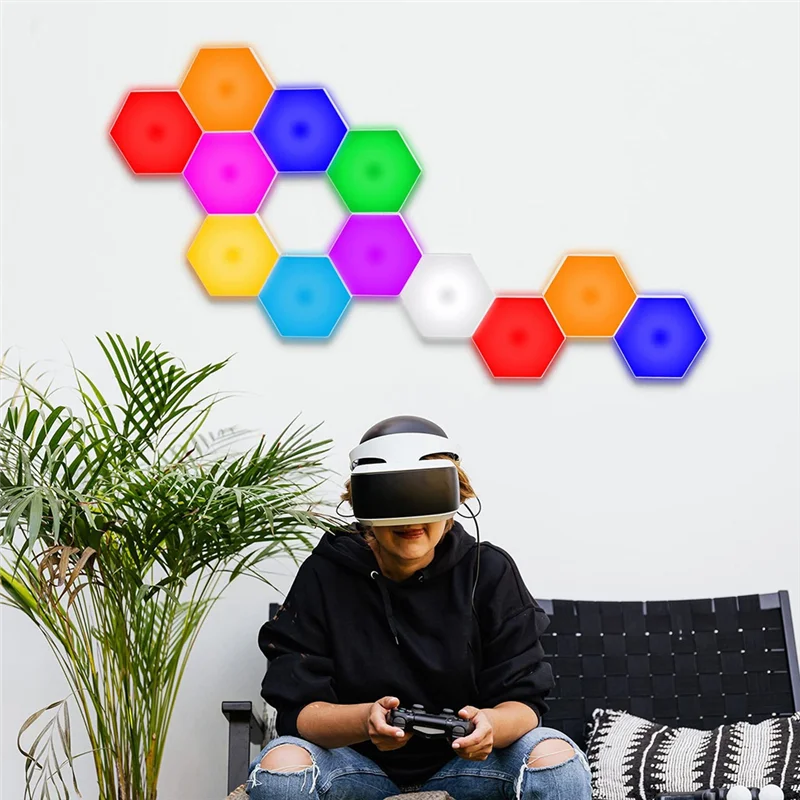 ABFU-Hexagon LED Light Remote DIY Geometry Hex Light Touch Sensitive RGB Colorful Wall-Mounted Panels For Bedroom Living Room