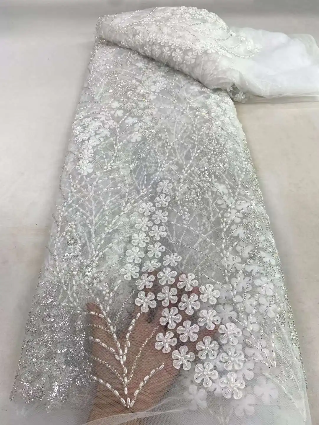 

African Handmade Sequins Tulle Lace Fabric 2023 High Quality French Nigerian 3D Beaded Lace Fabrics For Bridal Wedding Dress Sew
