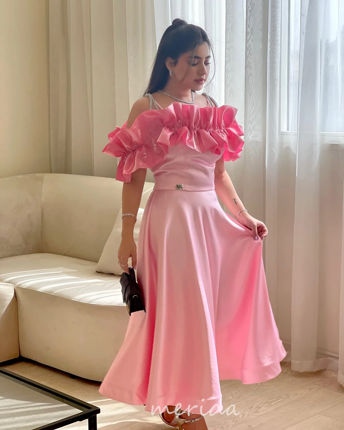 

Merida Pink Formal Evening Dress Satin Floral Pleated Strapless A Line Ankle-Length Saudi Arabia Prom Dresses 2024