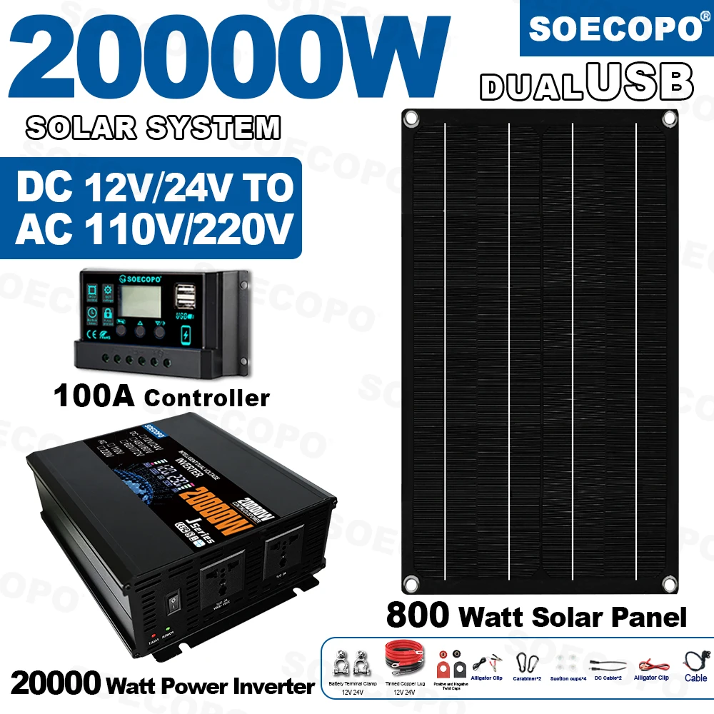 

SOECOPO 20000W Full Solar System Kit 800W Panel 12V 24V To 220V 110V Inverter (2 Sockets), 100A Controller for Home Complete