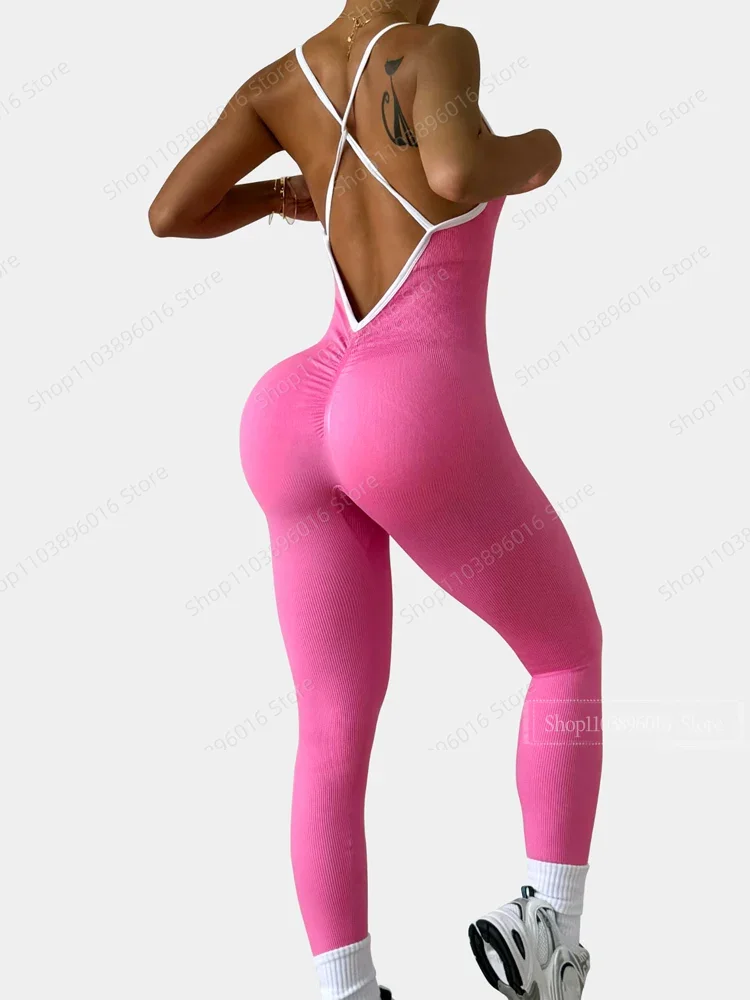 Seamless Yoga Jumpsuit Women Gym Set Spaghetti Strap Leisure Workout Gym Leggings Padded Bra One-piece Fitness Bodysuits