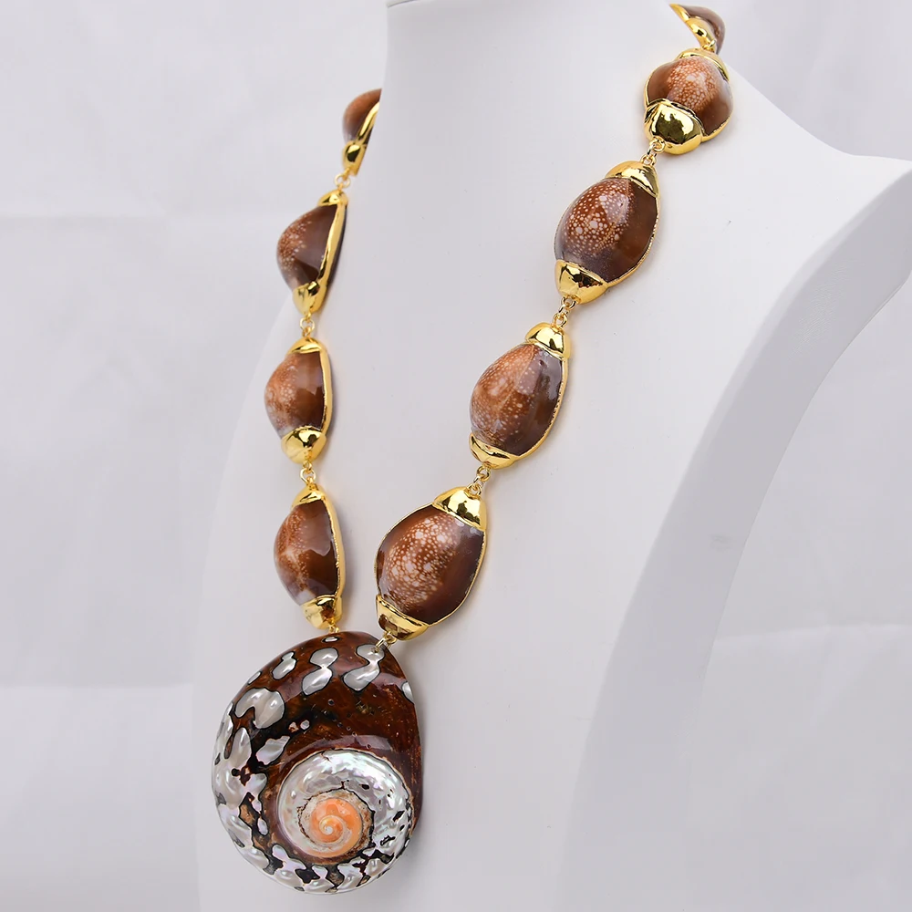 G-G 19'' Big Jewelry Natural Coffee Color Shell Gold Plated Connector Beads Necklace Conch Shell Pendant