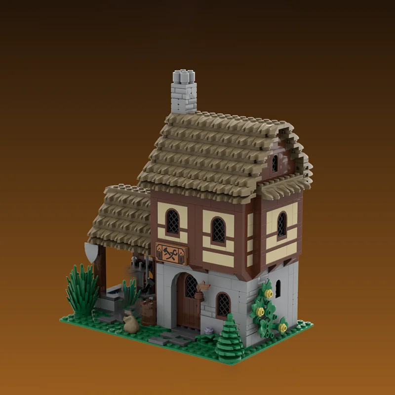 ปราสาทยุคกลางรุ่น Moc Building Blocks Blacksmith's House รุ่นเทคโนโลยีอิฐ DIY ประกอบของเล่นก่อสร้างวันหยุดของขวัญ
