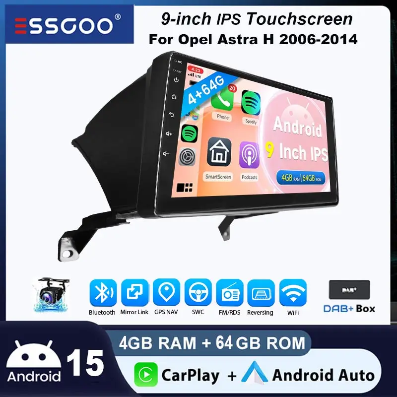 ESSGOO Autoradio Android15 9" 4+64 GB für Opel/Vauxhall Astra H 2006-2014 Wireless CarPlay GPS Navigation WiFi Lenkradsteuerung Bluetooth FM USB 2+32 GB Mirror Link Android Auto