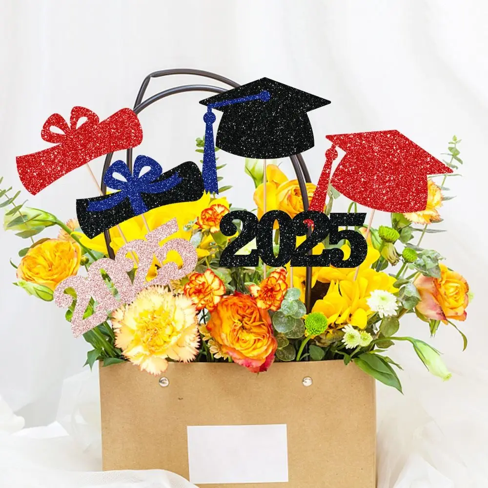 6pcs New Bling Paper Graduation Cake Toppers Doctoral Cap DIY Graduation Centerpiece Sticks Flower Vase Ornament Cake Decor