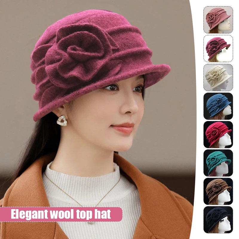 New Middle Aged Ladies Wool Hat Mom Hat Beret Autumn Winter Warm Women\'s Vintage Elegant Flower Knitting Basin Cap Flat Caps