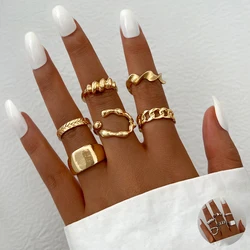 Mixed Vintage Gold Color Metal Rings Set for Women Fashion Geometric Irregular Hollow Spiral Chain Knuckle Finger Ring Jewelry