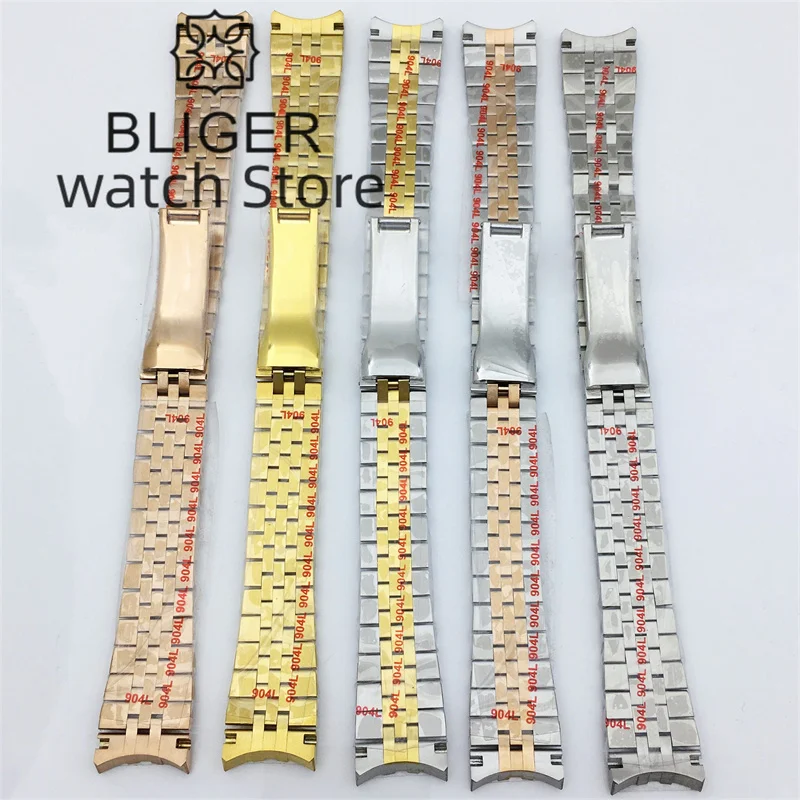 BLIGER 20mm 904L Solid Stainless Steel Watch Strap Silver Gold Rose Gold Bracelet Folding Table Buckle Jubilee Bracelet