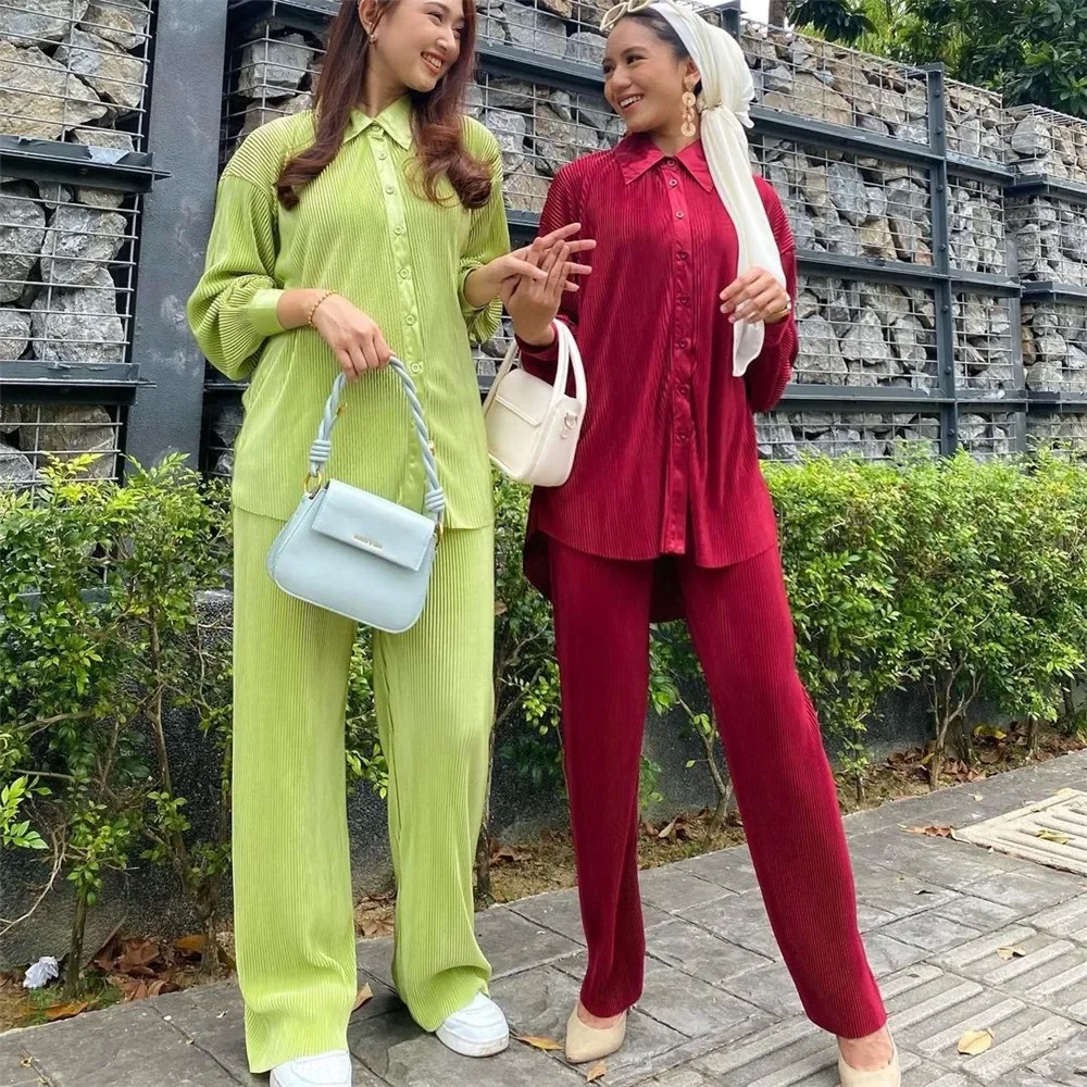 Malesia Plain Musulmano Donna Manica lunga Top Camicetta Pantaloni Islam Abaya Dubai Ramadan Abiti arabi Set da 2 pezzi Abito caftano modesto