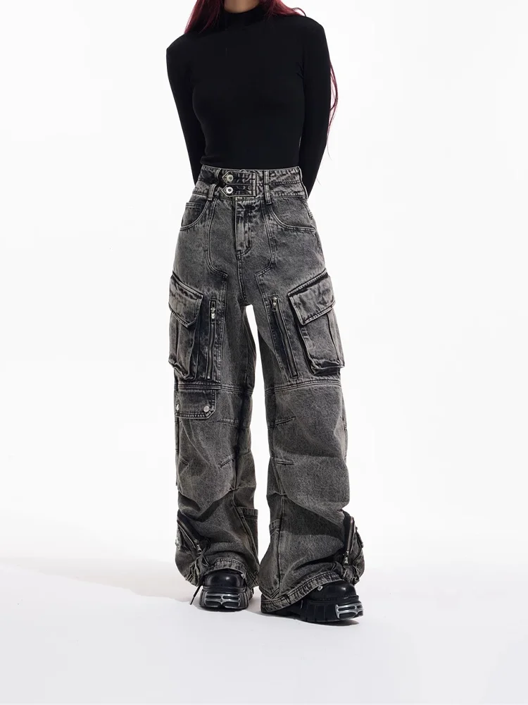 Women's Black Grey Gothic Jeans Y2K Large Pocket Japanese Harajuku Streetwear 2000s Stylee Loose Wide Leg Pants Jeans Clothing