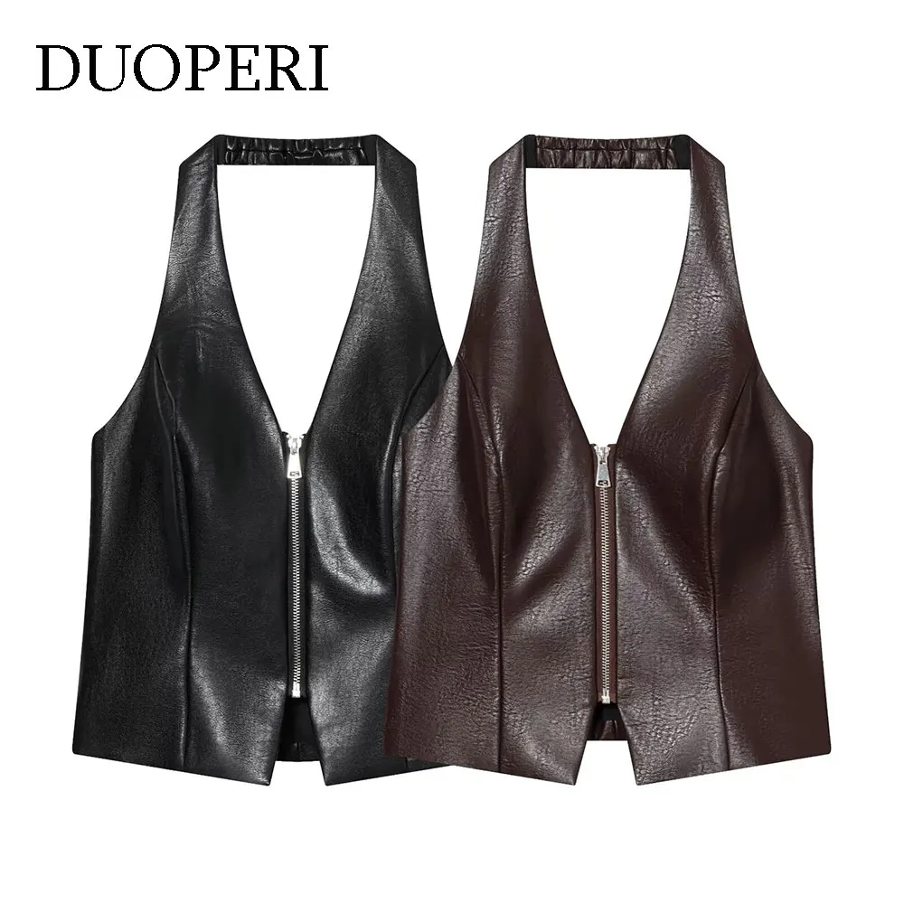 

DUOPERI Women's PU Solid Front Zipper Jackets Vest Sleeveless Sexy Halter Neck Waistcoat Female Chic Lady Tank Tops