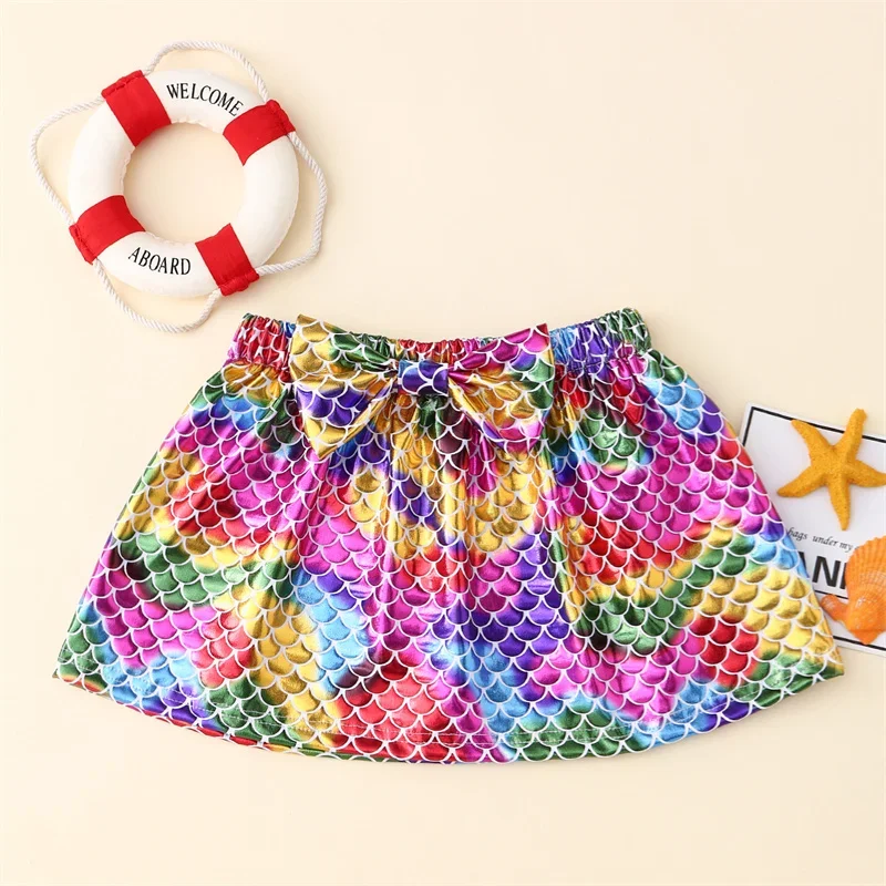 Fish Scale Skirt Large Bow A-line Skirt Fish Scale Skirt Rainbow Skirt Tutu Skirt Preschool Children's Bow Knot Colored Short Sk