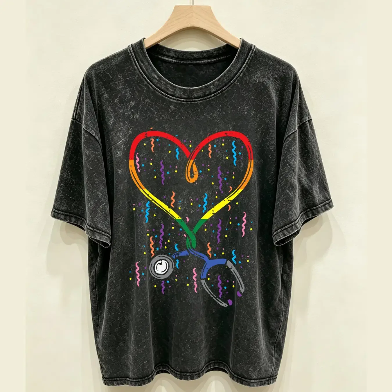washed T Shirt Rainbow Flag Stethoscope Heart Nurse RN Scrub Gay Pride LGBT SweaT 19133 vintage Washed Comfortable Unisex