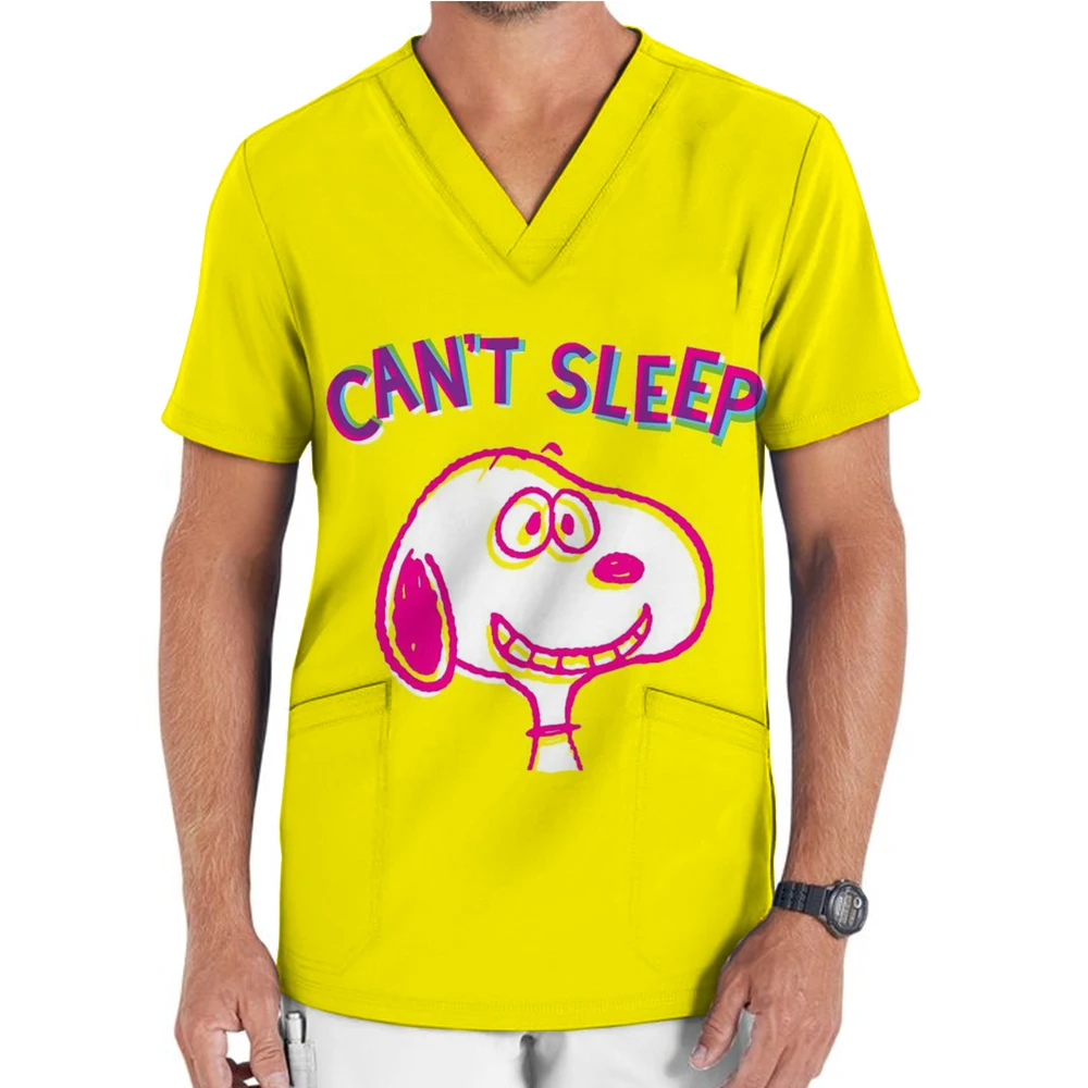 Men's T-shirt Men's V-neck Nurse Uniform Hospital Snoopy 2024 Pocket Women's Clothing Anime Kawaii Short Sleeve Cute