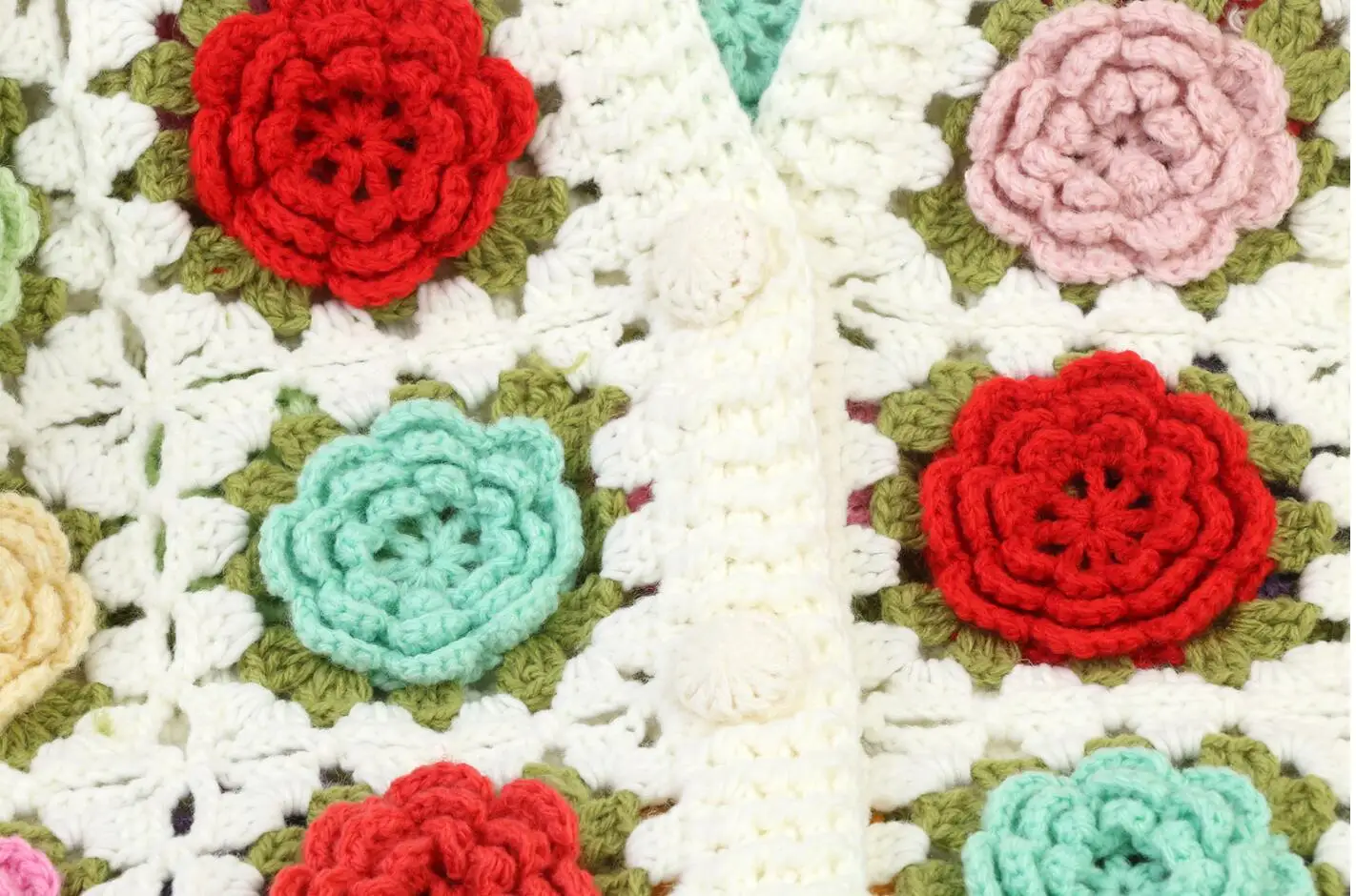 Autumn BOHO Hand Crochet 3D Flower Ball Cardigan Sweet Woman V neck Open Button Full Lantern Sleeve Knit Sweater Knitwear Jumper