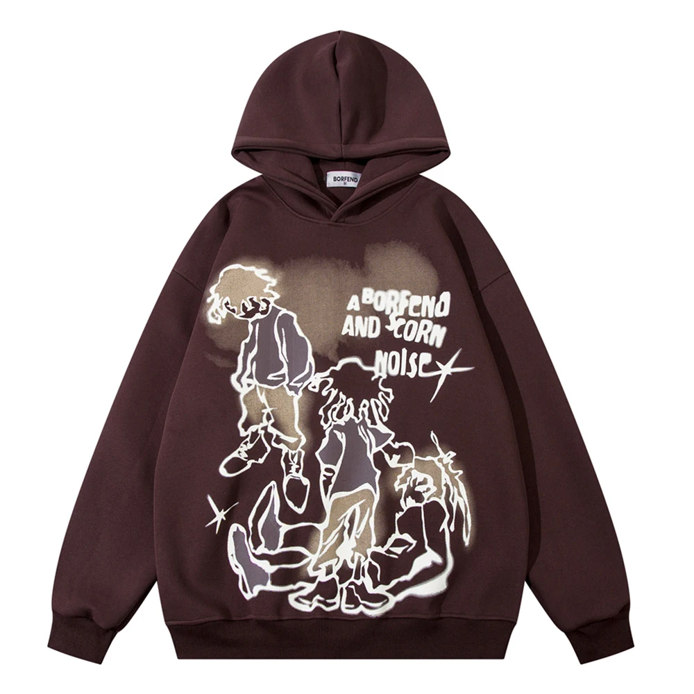 Cartoon Printed Hip Hop Hoodie Men Women Autumn Pullover Streetwear Men's Hoodies Black White