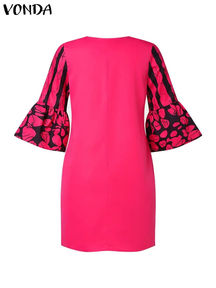 Plus Size 5XL VONDA Floral Printed Mini Dress Women Summer Short Sundress Bohemian Flare Sleeve V-Neck Casual Loose Robe Femme