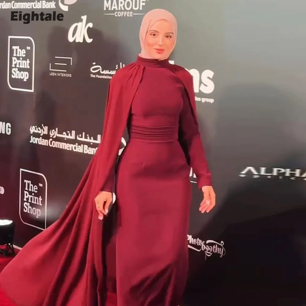 

Eightale Arabic Evening Dress High Neck Prom Gown Customized Long Sleeves Wedding Party Dress Red Mermaid Robes De Soirée
