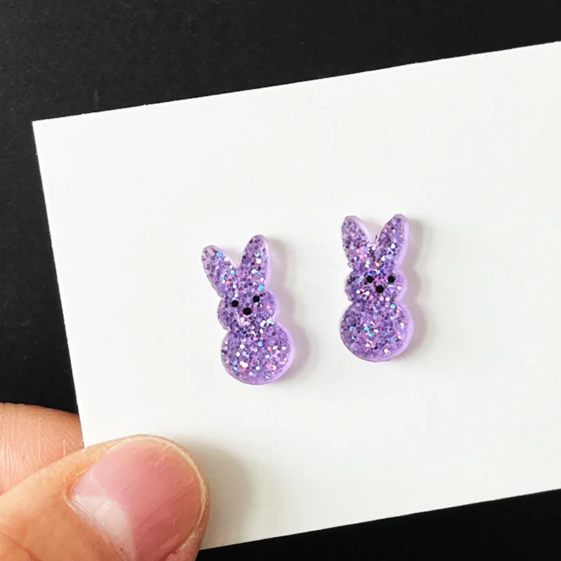 Fluffy Easter Marshmallow Bunny Earrings Rabbit Sparkly Glittered Studs Earrings for 2025 Easter Party Favor Acrylic #EAR1000307