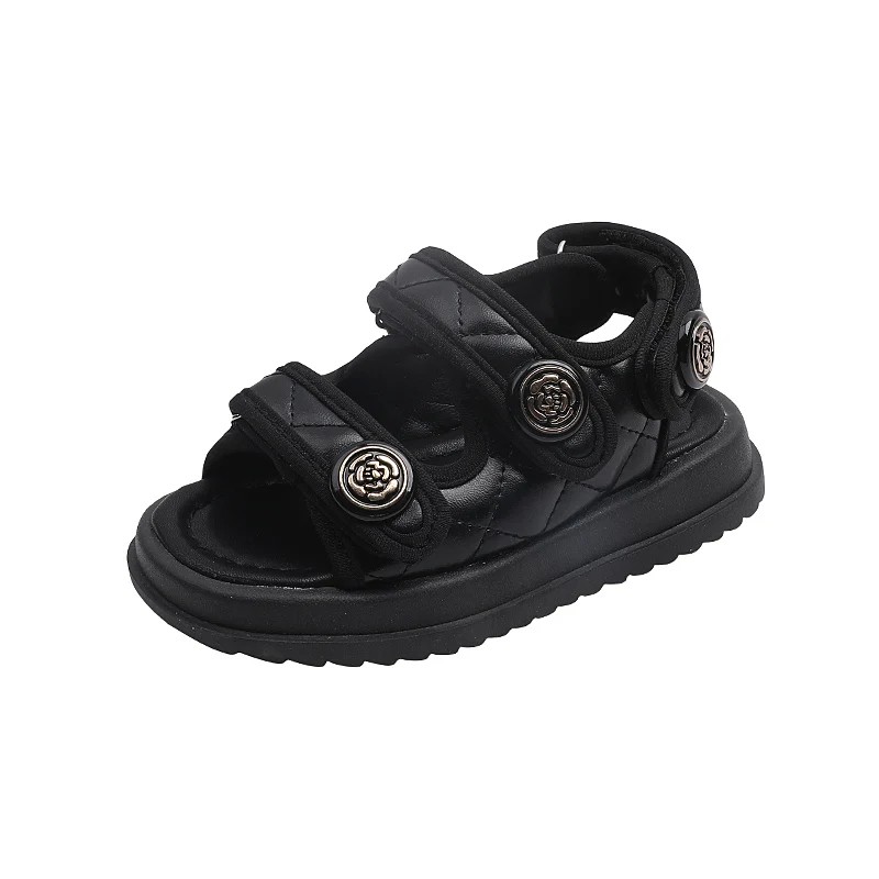 2022 Children Summer Sandals Chic Girls Casual Sandals Solid Black Kids Fashion Princess Japanese Style Classic Flowers Buckle