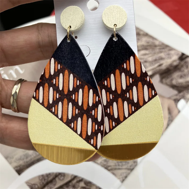 Mode Vintage bemalt große Holz Ohrringe ethnische übertriebene Muster geometrische Aussage Tropfen Ohrringe Urlaub Party Schmuck – Detail 37