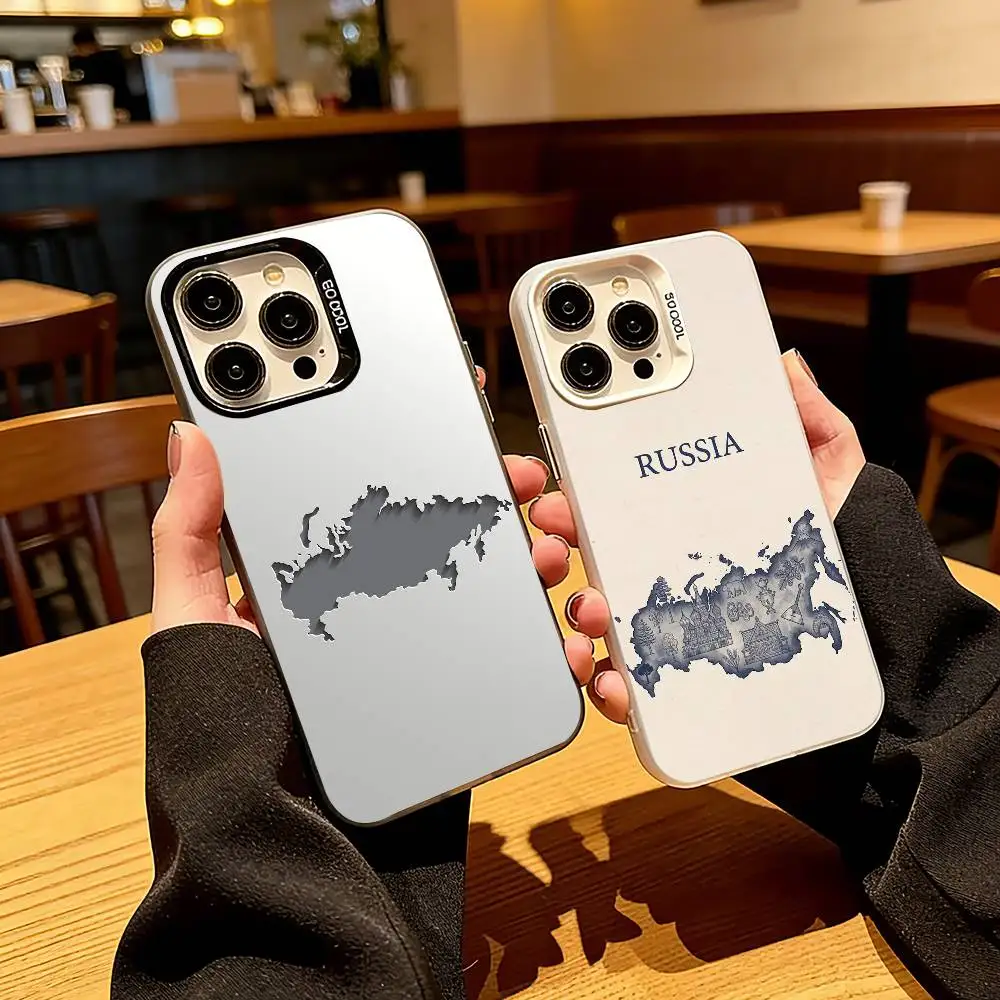 

R-Russia M-Map Phone Case For iPhone 17,16,15,14,13,12,11 Plus,Pro Max,XS,Colored Silver Plated Inside Cover