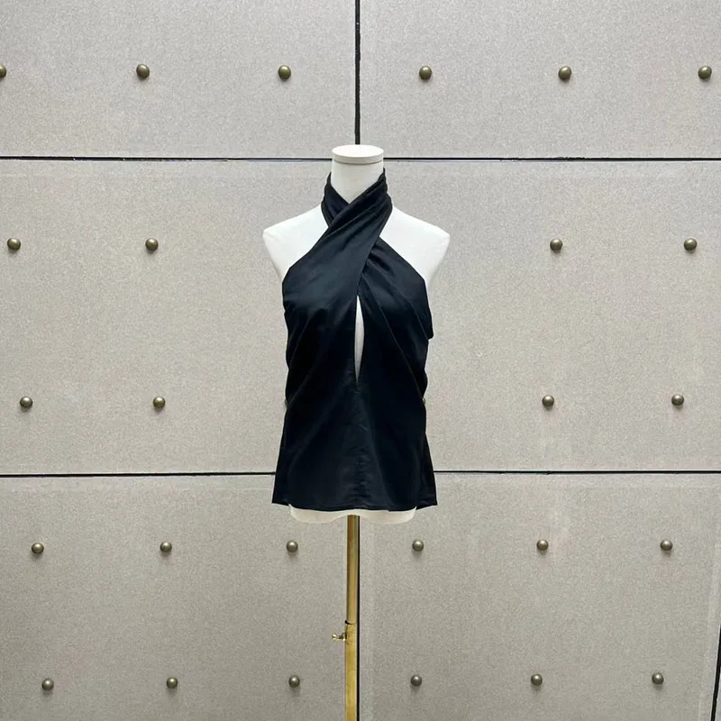Women's vest New cross neck slim fit sleeveless top for summer 2026 Linen blend backless women's corset tanks top y2k t-shirt
