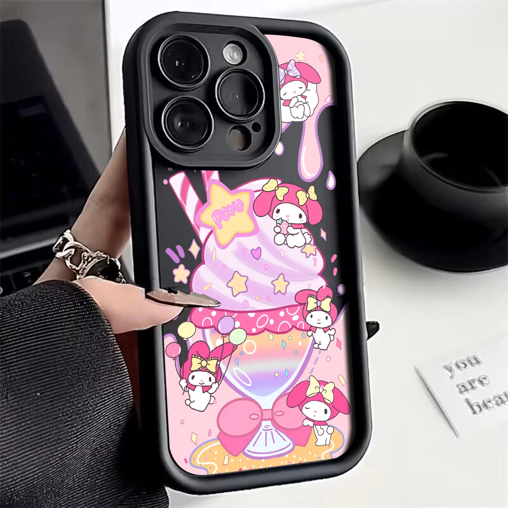 Capa de telefone Sanrio Kuromi Melody Cinnamoroll para iPhone, tampa traseira em TPU macia com alça de mão, iPhone 16, 15, 14, 13, 12, 11 Pro Max, Mini Plus