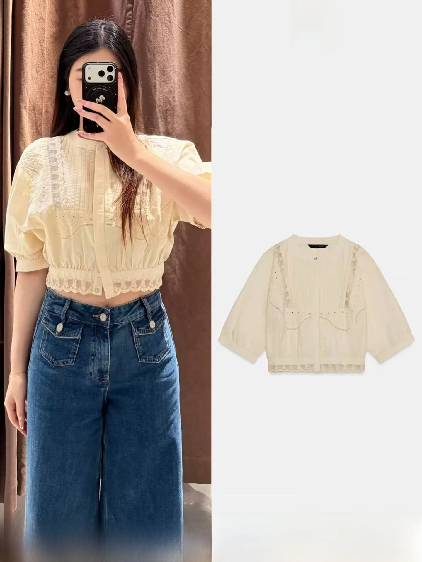 

Spring Summer Women's Loose round Neck Short Sleeve Shirt Embroidered Lace Patchwork Spicy Girl Style Breathable Skin-friendly