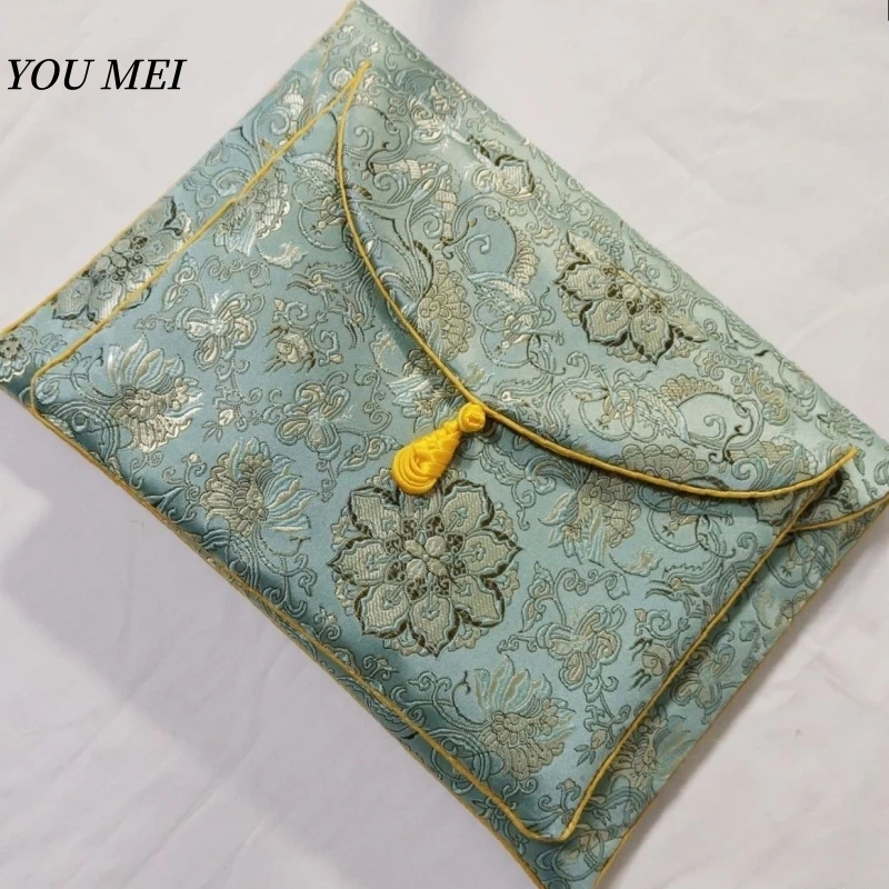 Light Green Embroidered Flowers Texture Sutra Storage Bag,Exquisite Text Scripture Bag,Sutra Organizer Buddhist Religious Item