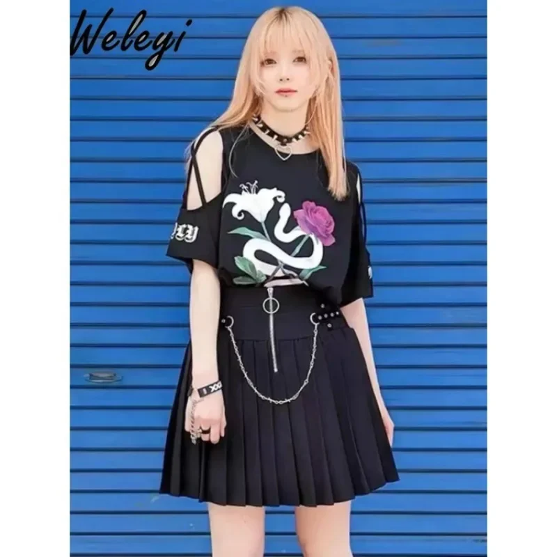 2025 Summer Y2k Subculture Gothic Snake and Rose T Dresses Woman Dark Yabi Cool Hollow Out Shoulder-Baring T-shirt Dress Female